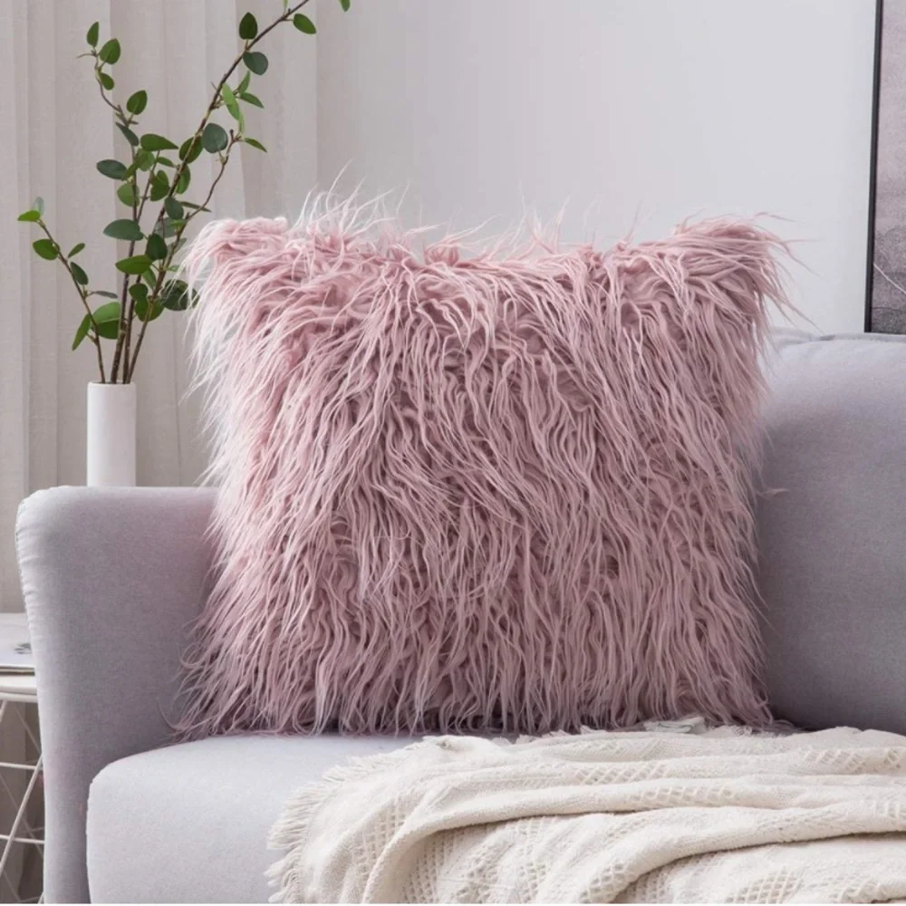 Luxury Home | Elegant Chic Blush Pink Mongolian Faux Fur Throw Pillow Cover
